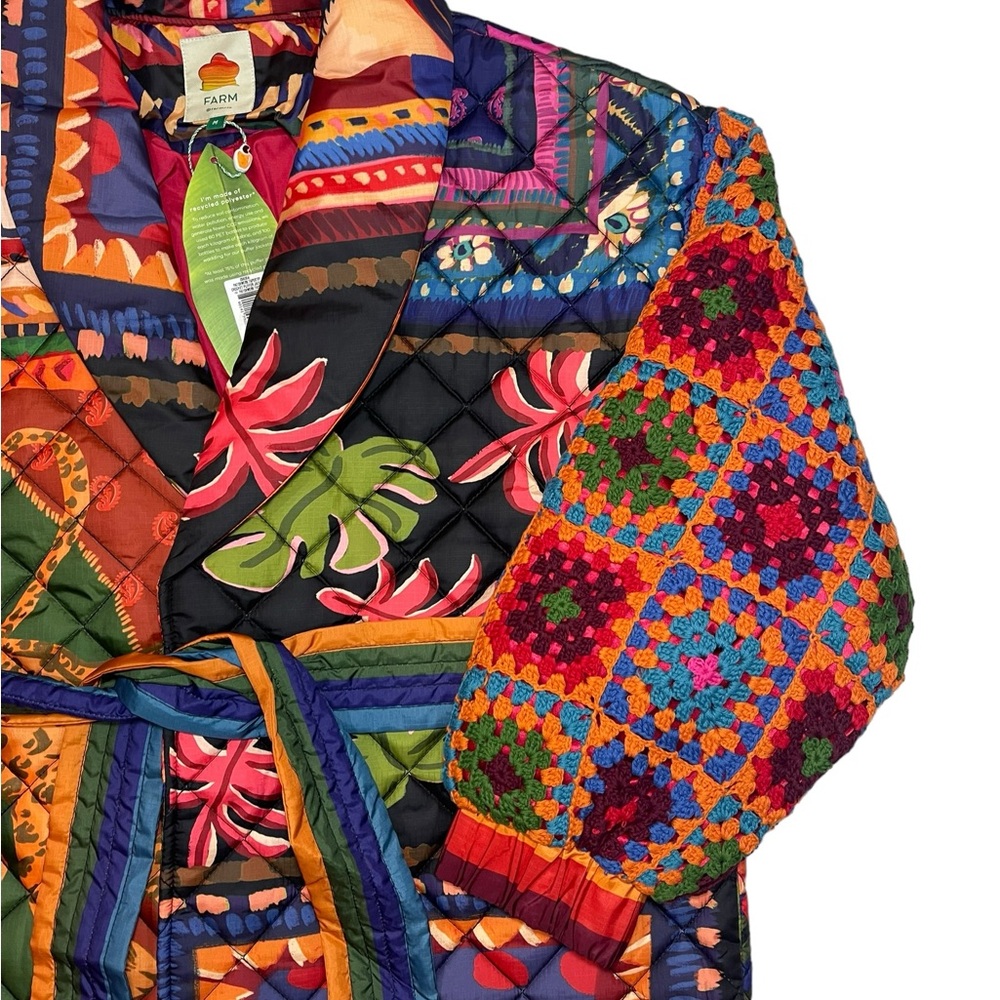 FARM RIO Patchwork Coat Quilted Crochet Sweater Sleeve Trench Boho Print Jacket - Picture 11 of 16